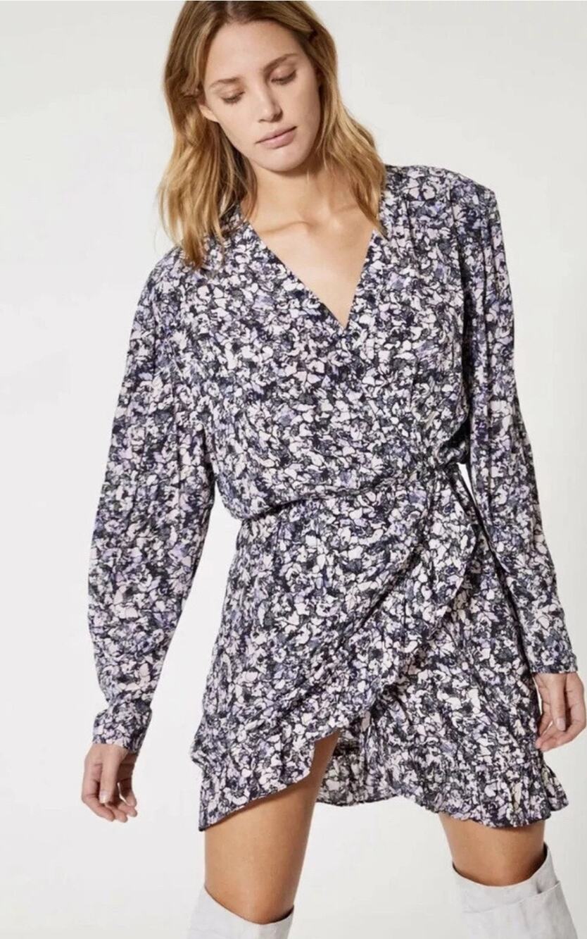 IRO Paris Brasey Floral Dress 38 US 6 M Purple Black Long Sleeve V Neck Ruched